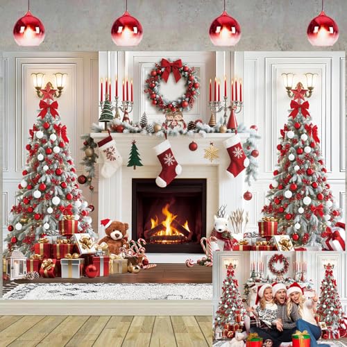 Image of Christmas Fireplace Backdrop White Red Christmas Tree Photography Background Winter Holiday New Year Family Party Decoration Banner Photo Booth Props (6x4FT: 72x48 inch)