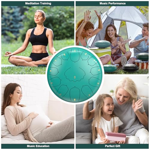 Image of D Major Steel Tongue Drum Handpan, 12 Inch 13 Note Rain Drum for Outside Garden, Meditation Rain Chime, Musical Percussion Instrument for Adult Gift with Bag, Music Book, Drum Mallets (Lake Blue)