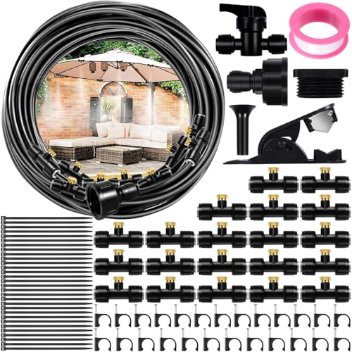 ZQEJEFD 103PCS Kit Nebulizador Terraza, 18M Sistema Nebulización Sistema Riego Automático con 20 Boquilla de Nebulizadora de Latón+ 20 Conector de Boquilla Tobera T, para Giardino, Sombrillas