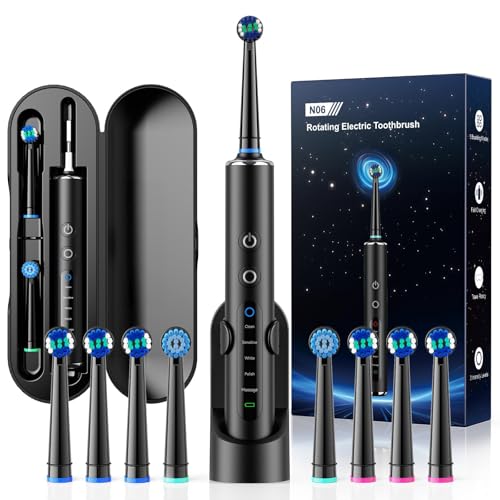 Image of Electric Toothbrush Rotating with Round Brush Head for Adults and Children, 50,000 Movements /Min, 8 Brush Heads, 3 Intensities & 5 Modes, 120 Days Battery, IPX7, Travel Case & Wall Mount