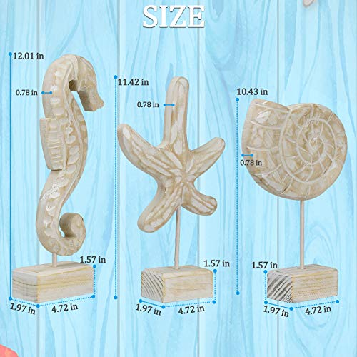 Exttlliy 3pcs Wood Handmade Beach Nautical Style Figurines Starfish/Conch/Seahorse Statue Home Decor - Image 2