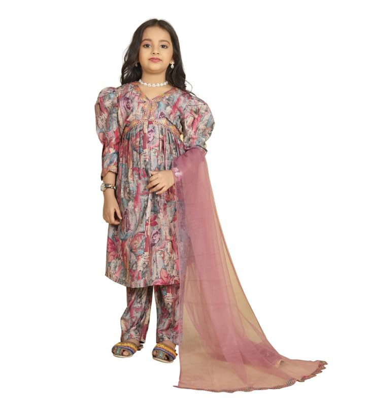 Image of Girl's Maslin Embrodrery Lace Aliya Cut Top with Bottom Dupatta Set (Multicolor, 13-14-Yrs)-PID61092