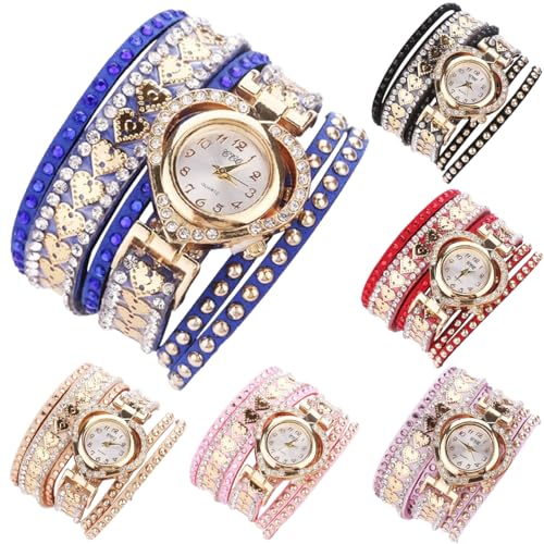CdyBox Women's 6 Pack Inlay Diamond Wrist Watches Wrap Around Bracelet Analog Quartz Dress Wrist Watches Gifts