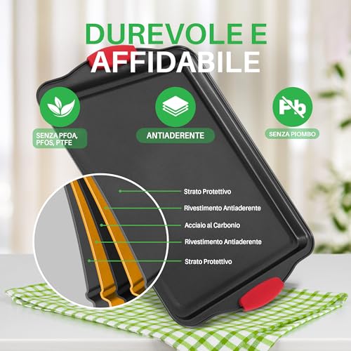 NutriChef Set 3 Teglie da Forno Antiaderente, Acciaio al Carbonio con Rivestimento Grigio, Maniglie in Silicone Rosso, 4.5 Litri, Nero - immagine 4