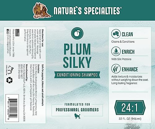 Image of Nature's Specialties Plum Silky Ultra Concentrated Dog Shampoo Conditioner, Makes up to 6 Gallons, Natural Choice for Professional Pet Groomers, Silk Proteins, Made in USA, 32 oz