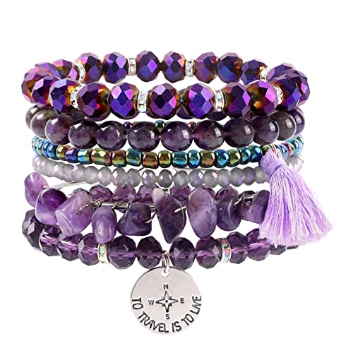 Ideajoy Bohemian Natural Stone Beaded Bracelet Set For Women Girls, Stackable Stretch Bracelets With Charm And Tassel, Multilayered Beads Bracelets Boho Jewelry Gift, Purple #TOP4