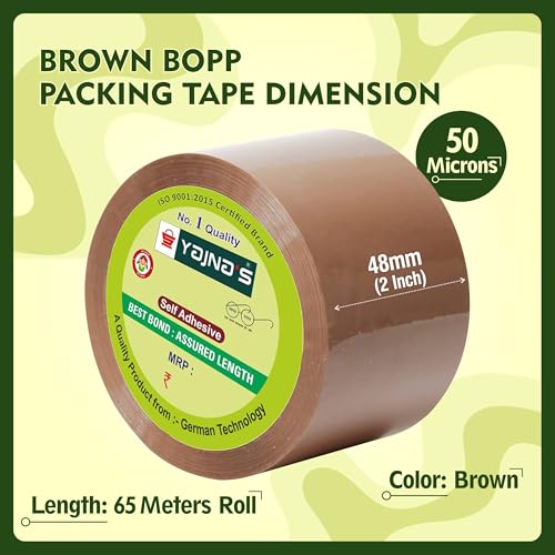 Image of YAJNAS BOPP Packaging Tape | 48 mm x 65 Meter (2 Inch x 65 Meter) | Packing Tape Rolls, Heavy Duty Tape, Cello Tape for Packaging, Decorating & DIY- 50 Micron, Brown, Pack of 1