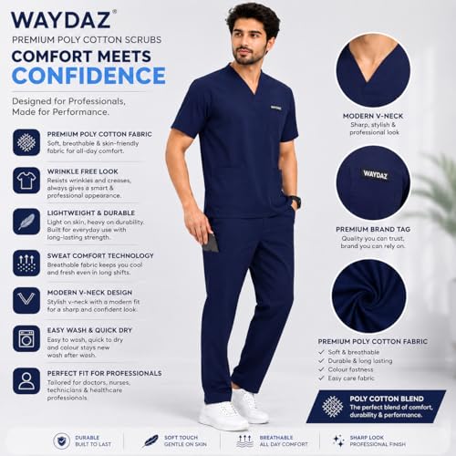 Image of Unisex Medical Scrub Suit Set, V-Neck Top with Pants, Short Sleeve, Polyester Cotton Blend, 7 Pockets, Regular Fit, Hospital Doctor Nurse Uniform