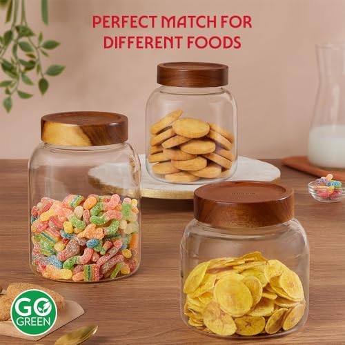 Image of Borosil Glass Jar with Acacia Wood Lid | Borosilicate Glass Storage Jar for Dry Fruits, Spices & Snacks | Airtight Glass Container for Kitchen & Pantry (Roundwood, 1700 ml)