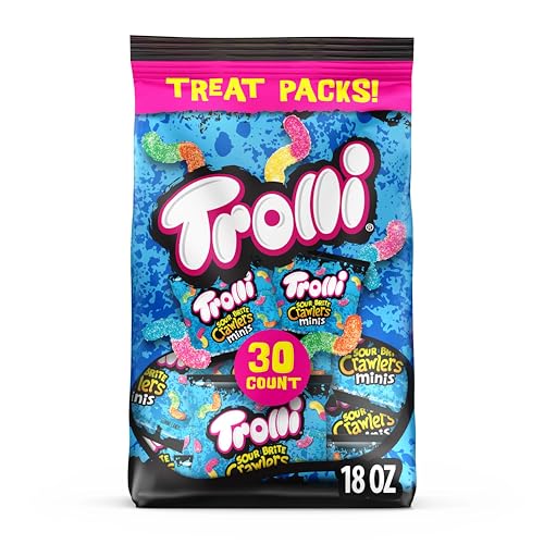 Image of Trolli Mini Sour Brite Crawlers Candy, Cherry-Lemon, Strawberry-Grape & Orange-Lime, Sweet and Sour, Gummy Worms, 18 oz (30 ct), Pack of 6