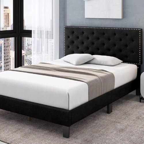 Image of Julius Upholstered Bed Queen Size Without Storage Solid Sheesham Wood | Modern Premium Fabric Upholstery Cushion Headboard | Queen Bed for Bedroom Wooden Double Bed Cot 78x60 Inch Queen