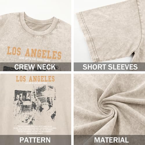 Image of Oversized Boys Graphic Tees Acid Wash Los Angeles Tshirt Youth Cotton T Shirt Crewneck Tee Kids Short Sleeve Tops