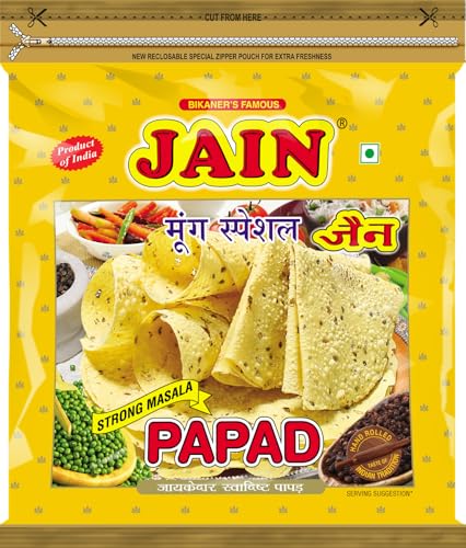 Image of JAIN Papad Moong Dal Special, Strong Masala, 400g, Papad Size-10 Inches, Handmade, Zipper Packing, No Preservatives, Contains 22-24 Papads Per Pack