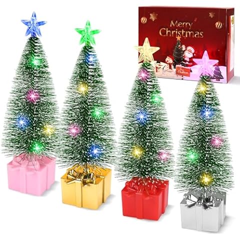 Mini Christmas Tree with Lights, 4 Pack Tabletop Christmas Tree with LED Lights for Indoor Christmas Decorations Holiday Party Ornagment, Christmas Centerpieces for Tables (4) Cover