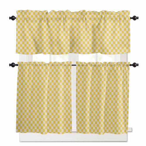 Yellow Plaid Kitchen Curtains 24 Inch Length, 3 Piece Rod Pocket Small Half Tiers and Valance Set, Modern Geometric Checkered on Linen Small Large Window Treatment Decor for Bedroom/Bathroom Sink