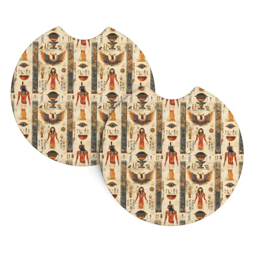 Juego de 2 posavasos de coche con estampado retro de Egipto, posavasos de coche para portavasos, alfombrilla de goma antideslizante universal con muesca para dedos, accesorios interiores de