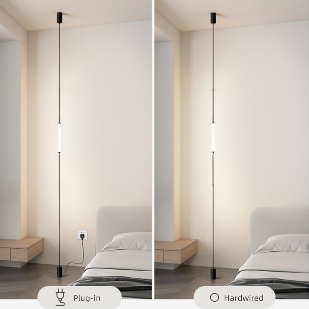 Modern Minimalist Pendant Light Linear Floor to Ceiling Lamp Long Strip LED Pendant Lights Hardwired Bedside Ceiling Hanging Lights for Bedroom Living Room Corner 11.8" White