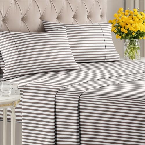 Image of Queen 4 Piece Striped Sheet Set - Soft, Breathable & Cooling - Brown Stripe | 1 Flat, 1 Fitted & 2 Pillowcases w / Deep Pockets, Luxury Striped Bedding, Soft, Breathable & Cooling, Wrinkle & Fade Free