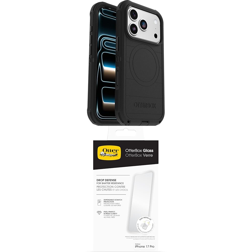 OtterBox Defender Series Pro MagSafe funda para iPhone 17 Pro, Testada 7x con estándares Militares anticaídas, Negro + OtterBox Glass Protector de Pantalla de Cristal Templado para iPhone 17 Pro