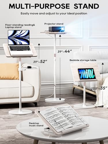 Image of 2 in 1 Adjustable Book Stand - Dual-Use Floor and Desktop Book Holder Stand, Height Adjustable 23.5-52 in, Elastic Page Clips for Music Sheet, Recipe, Tablet, Laptop-White