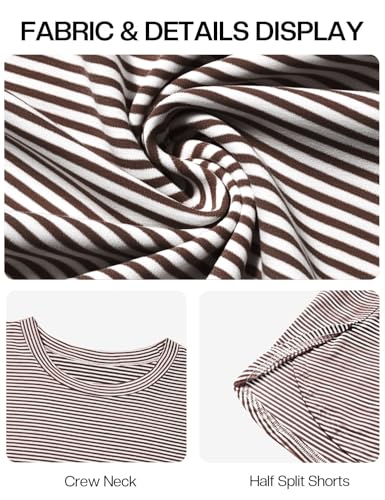 Image of JUSTFASHIONNOW Womens Pajama Sets Shorts Striped Print Two Piece Lounge Sets Crew Neck Sleepwear Split Shorts Set Soft Pjs