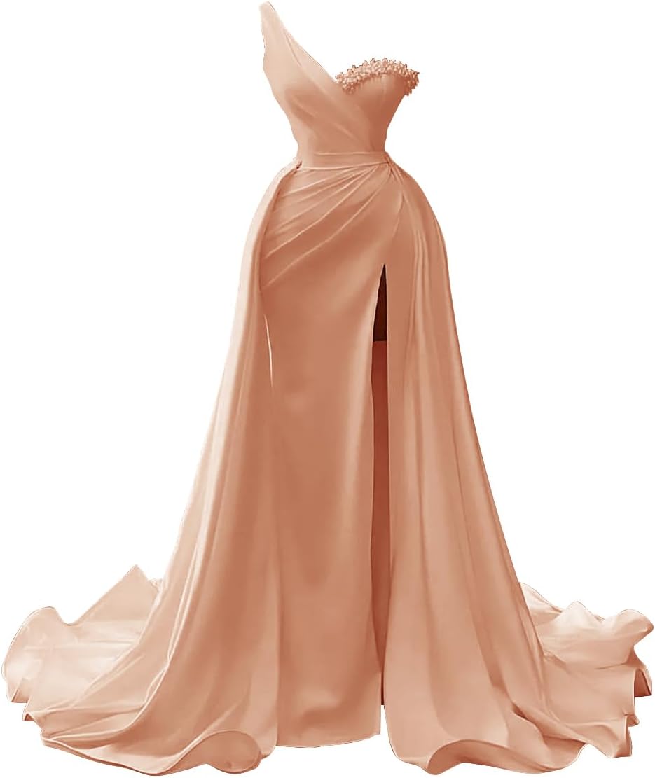 Jorshiman Satin Prom Dress for Women 2025 One Shoulder Formal Dress with Detachable Train Plus Size Wedding Ball Gowns