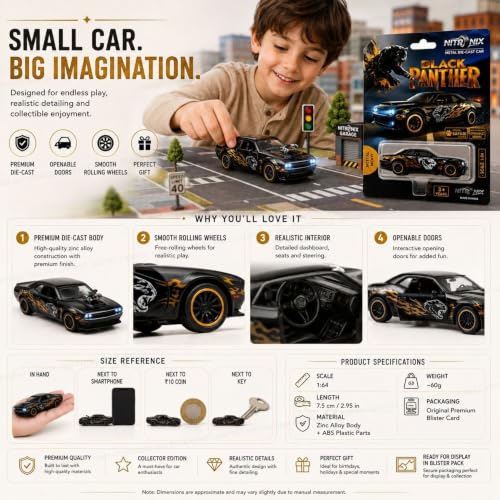 Image of 1:64 Black Panther Premium Die Cast Metal Toy Car for Kids | Mini Sports Car Collectible Model with Free Rolling Wheels, Realistic Design, openale door,Metal Vehicle, Birthday Gift for Boys & Girls