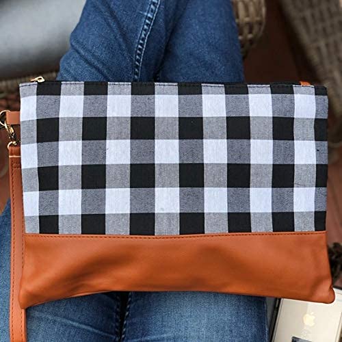 Women's Buffalo Plaid Large Zip Clutch Wristlet Bag with British Tan Accent (Black/White)