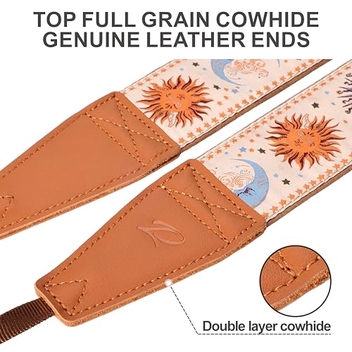 Image of Padwa Lifestyle Tan Sun God Camera Strap - 2 inch Full Grain Leather Ends Camera Straps for Photographers, Vintage Embroidered Cotton Soft Suede Fabric Padded Strap Quick Release fits All Cameras