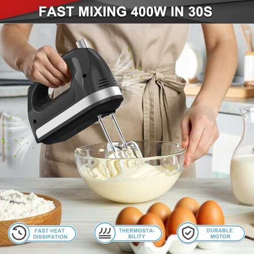 Image of Lord Eagle Hand Mixer Electric Handheld 400W, 5-Speed Lightweight Kitchen Mixer with Storage Case, 5 Stainless Steel Attachments for Baking Cake Egg Cream Food Beater, Turbo+Eject Button, Black