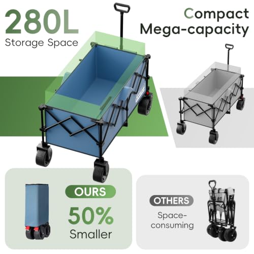 Image of 46 inch L Collapsible Foldable Extended Wagon, 500LB Weight Capacity with 280L Heavy Duty Folding Cart,Utility Wagon with All-Terrain Beach Wheel & Drink Holders,Light Blue