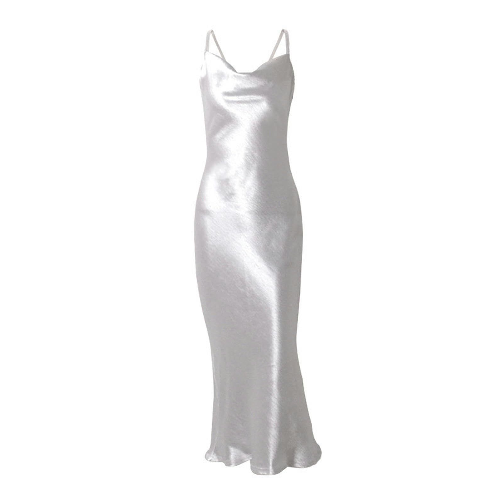 Camisón Largo de Cola de pez de satén con Tirantes Europeos y Americanos de Verano Vestido de mujer-8151-2 Blanco-S