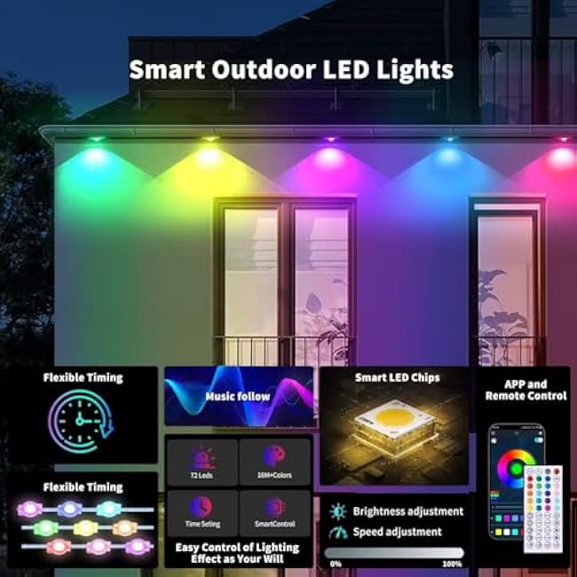 50ft Permanent Outdoor RGB Lights with App Smart LED String Light Remote Control Outdoor Hanging Party Light Waterproof Color Changing Outside Lights for Yard Holiday Christmas House Roof Patio