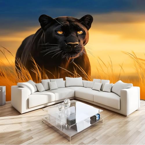 Papel Pintado Panorámico Animal Leopardo, Mural No Tejido Premium 200 x 140 cm, Póster Atardecer Dorado para Sala de Estar, Dormitorio, Dormitorio Infantil, Decoración de Pared
