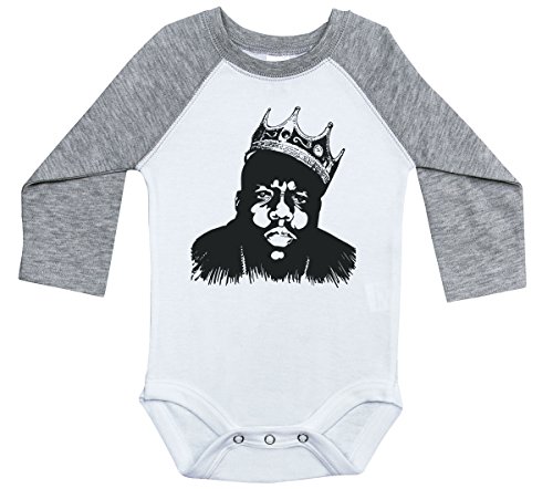 Image of Baffle | Compatible with Onesies Brand Baby Bodysuit | Biggie 1990 Hip Hop Rap Apparel | Raglan Long Sleeve Unisex Romper (0-3M, HEATHER & WHITE)