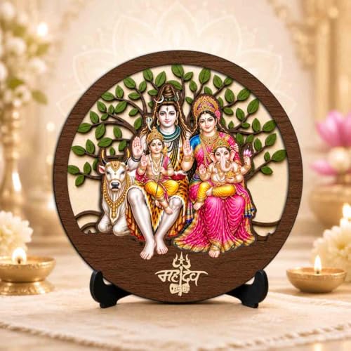 Image of Shiv Parivar Wooden Murti for Home Mandir, Prayer Room, Table Top Decor & Spiritual Gifting - 5x5 Inch