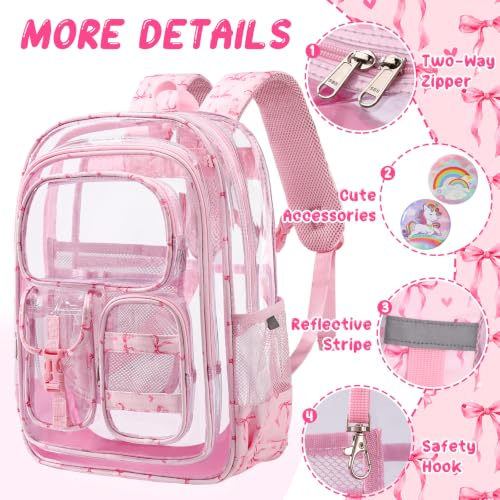 Image of Three-layer Clear Backpack, Heavy Duty Clear Bookbag for Kids, See Through Backpack Transparent Bag for Girls Boys (Pink Bow)