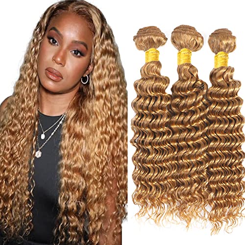 Pure Color #27 Deep Wave Bundles Honey Blonde Bundles Human Hair Soft and Shiny Real Hair Weave Brazilian Virgin Human Hair Extension 26 26 26 Inch 3 Bundles 100g/pc
