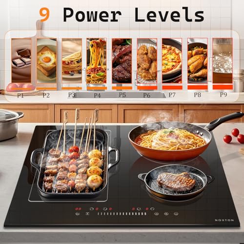 Image of Noxton 24 Inch Induction Cooktop, 4 Burners Electric Cooktop, Upgraded Induction Stovetop with Flex Zone, Power Boost, Pause, 9 Power Levels, Child Safety Lock, Timer, 7200W, 220-240V Hard wire