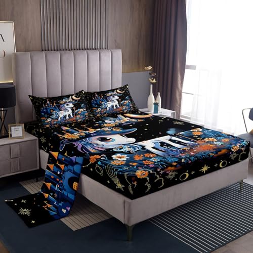 Halloween Unicorn Fitted Sheet Set Full Size 4 Pcs,Cartoon Animals Teens Sheets,Mysterious Castle Flower Starry Sky Bedding Sets (1 Fitted,1 Flat,2 Pillowcases)