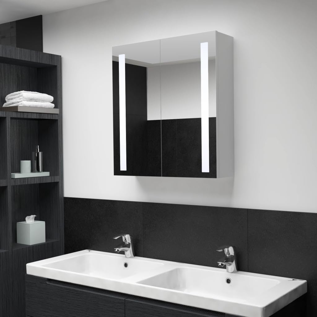LED-Spiegelschrank 60x14x62 cm, Weiß, Glas, mit 2 Türen, 3 Einlegeböden, USB-Anschluss, Wandschrank für Badezimmer, Kosmetik, Rasur, Hautpflege, Floating Vanity