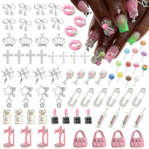 Pizadix 84 pcs 3D Sliver Pink Nail Charms Y2K Set Cute Nail Charms with Stars Crowns Crosses Bins Lollipops Lips Bottles Cups Perfume Lipsticks Bags and Heels for Nail Art