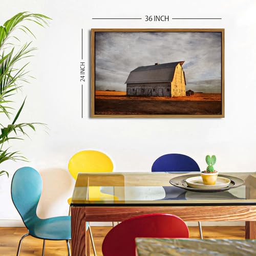 Image of Farmhouse Old Barn Canvas Wall Art Vintage Western Barn Pictures Wall Decor Rustic Country Landscape Canvas Pictures Golden Sunset Farm Rural Artwork for Living Room Office Home Decorations 24x36 inch