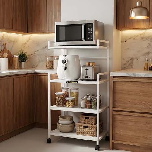 Image of 4-Tier Microwave Oven Stand with Wheels | Heavy-Duty Metal Kitchen Storage Rack for Microwave, OTG, Air Fryer & Appliances | Multipurpose Organizer Trolley (MS 4 White)
