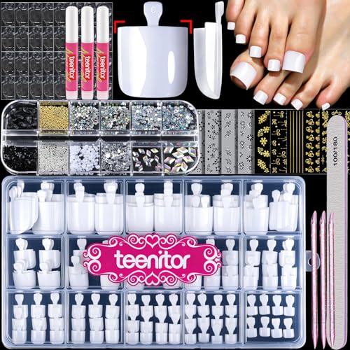 Teentor Square White Toenails Press on Kit 15 Sizes Toe Nail Press ons with Nail Glue Thick Press on Toenails Toe Press on Nails Tips for Women Full Cover Glossy Fake Toe Nails Glue on for Wedding