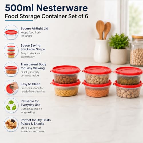 Image of Cutting EDGE Nesterware 500ml Stackable Container (Set of 6, Light Red) | BPA-free plastic, stackable design, leak-proof, kitchen storage, pantry, fridge, meal prep, reusable, travel use