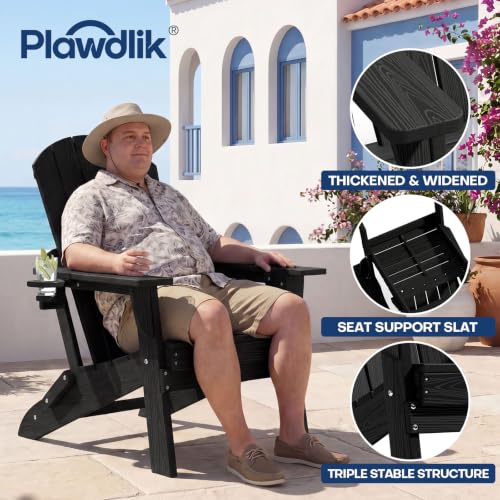 Image of Plawdlik Folding Adirondack Chair 12-piece Set, Cup Holder, Black | pin-free folding, 38-in tall back, Wood-grain All-weather HDPE; for fire pit, poolside, deck, backyard, patio