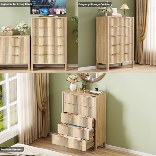 Image of 47 inch Tall Dressers for Bedroom Fluted 5 Drawer Dresser, Wooden Dresser Modern Chest of Drawers Dressers with Organizer Storage for Bedroom, Living Room, Entryway, Oak