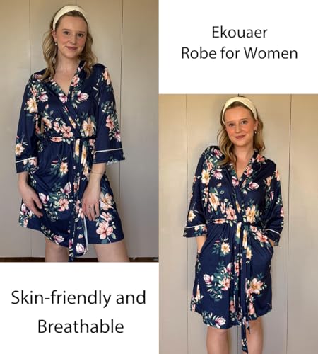 Image of Ekouaer Women Kimono Robes Knee Length Knit Bathrobe Lightweight Soft Sleepwear V-neck Casual Ladies Loungewear