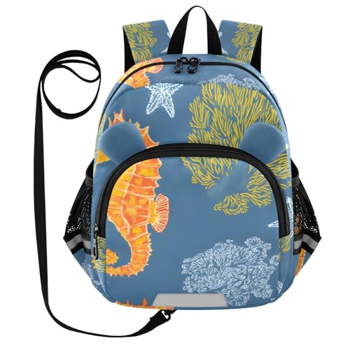 Kid's Backpack for Boys & Girls Toddler Bag Coral Seahorse Pattern Backpack with Safety Leash